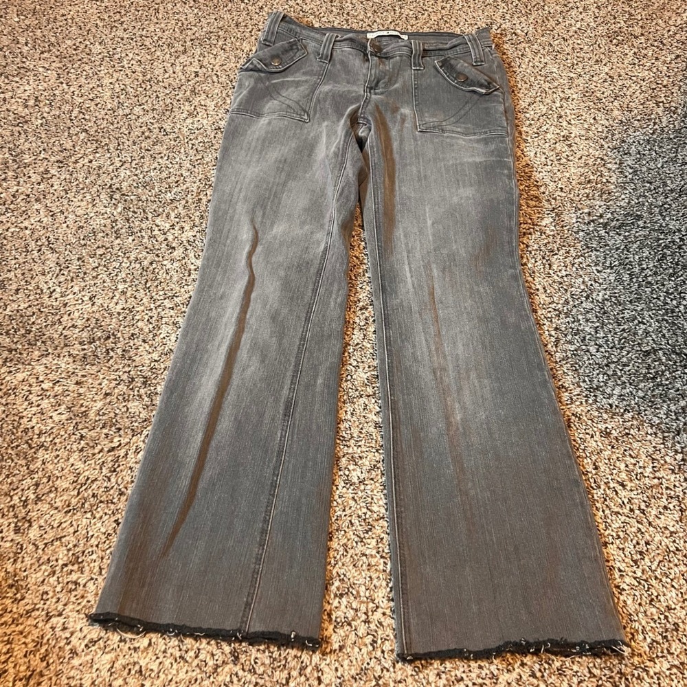 Tommy Hilfiger Gray Denim Jeans Flare Leg Low Rise Frayed Hem Womens